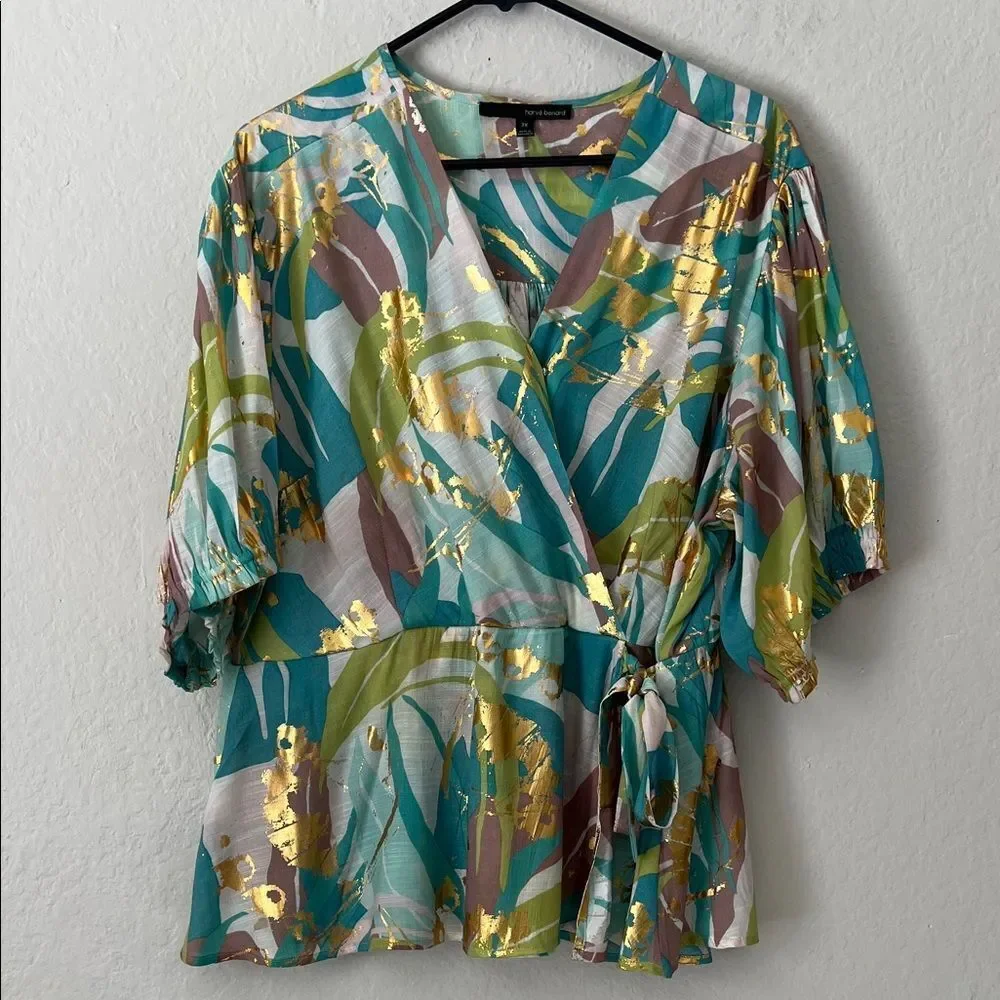 Like New! Harve Bernard Elegant Multicolor Faux Wrap Tie Front Blouse in 2X